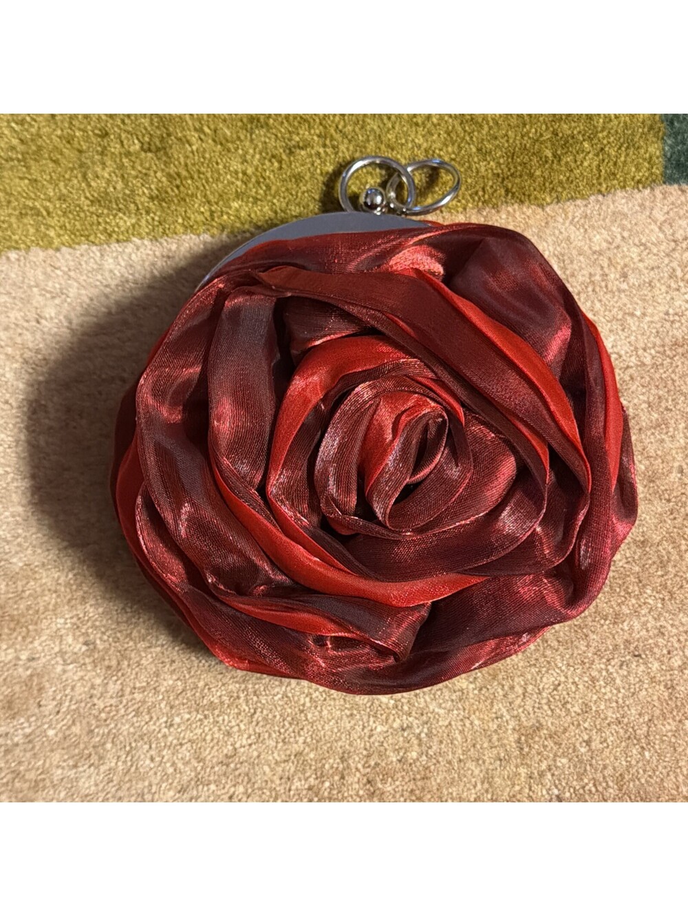 Women Rose Shaped Clutch Soft Satin Handbag Wedding Party Red